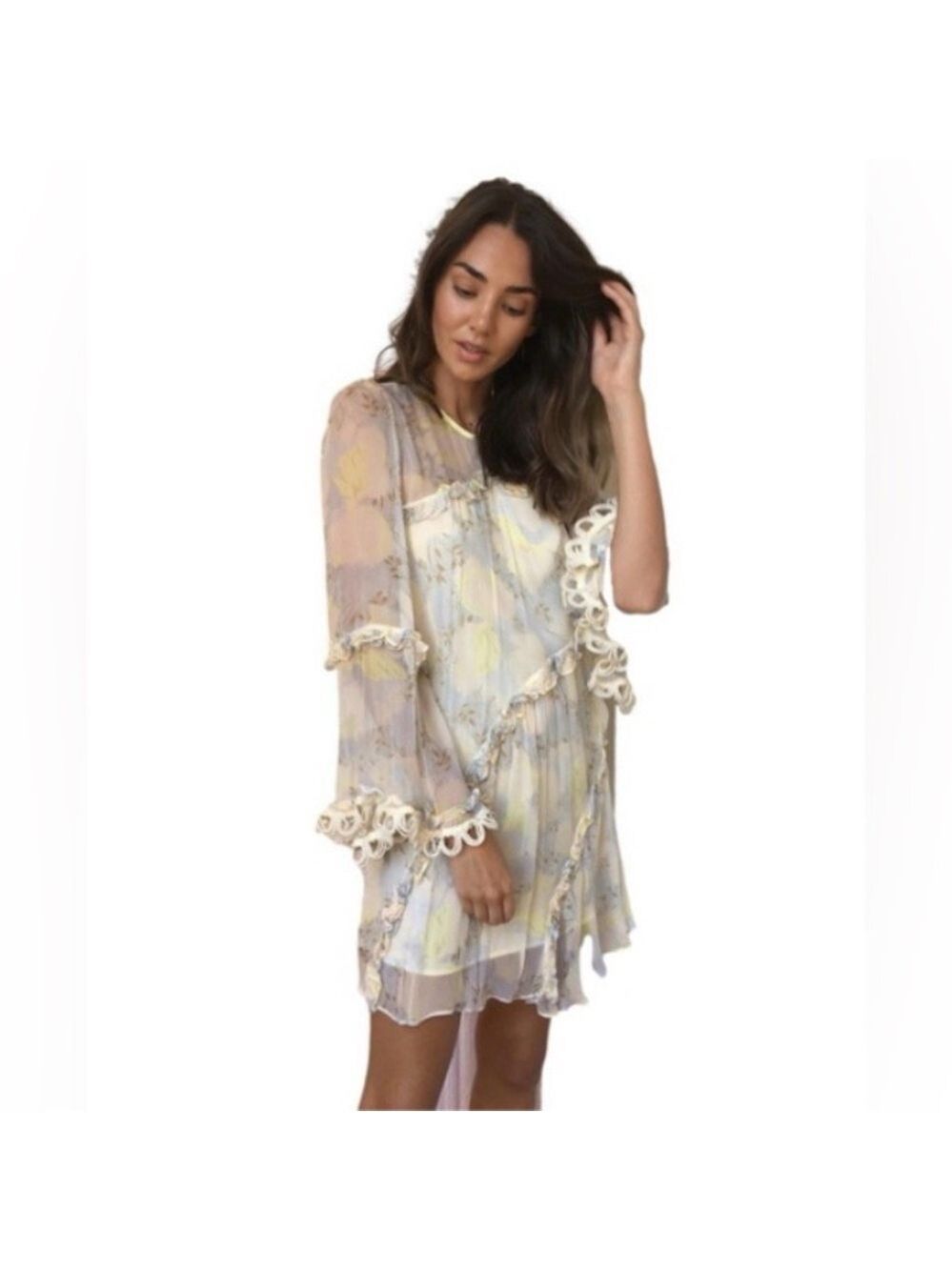 Stevie May Anthropologie Floral Mini Dress XS Yellow Boho Ruffle Cottagecore - Picture 3 of 14
